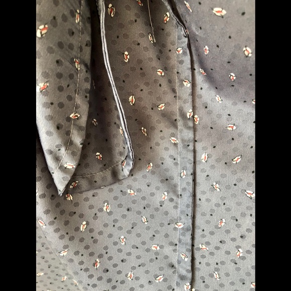 Kimono style silky mini print robe. slate gray Black piping trim OS - Picture 13 of 15